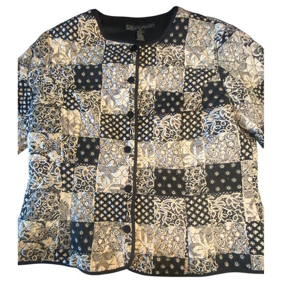 Vintage Silkland Quilted Patchwork Jacket Black Cream Floral Geometric XL - Picture 2 of 6